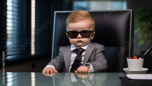 baby boss in business suit in office, made with Generative AI photo