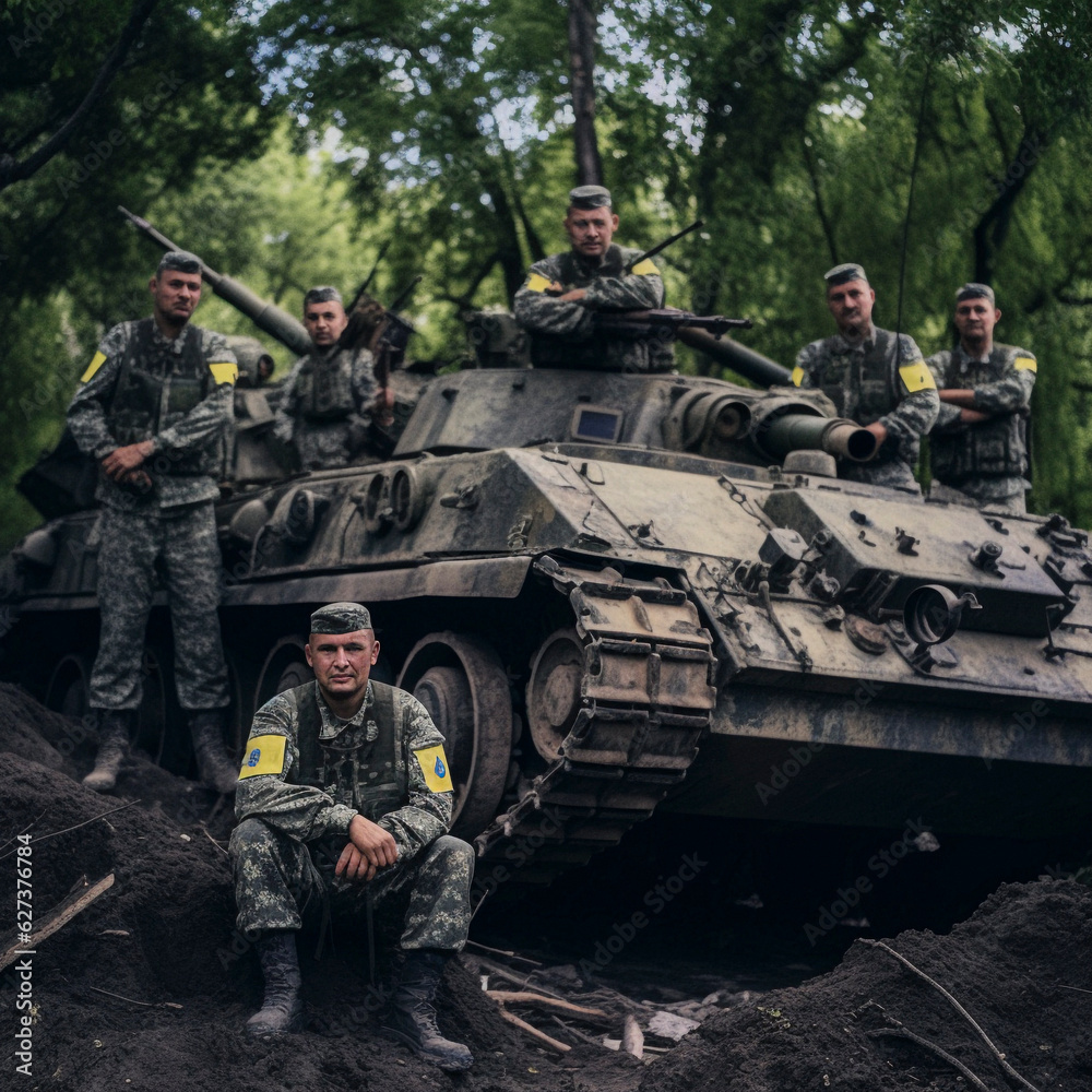 Soldiers proudly stand in front of their battle tank, AI generated