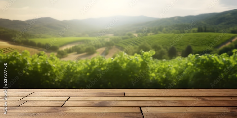 Empty wood table top with on blurred green vineyard landscape background in spring Empty wood table top with on blurred green vineyard landscape background in spring