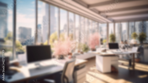 Blurred workplace with cityscape  office in morning or afternoon  interior for AI generated business presentation background