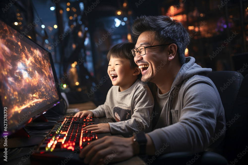 Joyful dad and son playing video games at home. Generative AI.