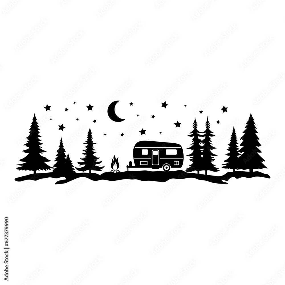 Camping in the Woods under the Moon and Stars, Camper in the Forest, Hand Drawn Vector Illustration
