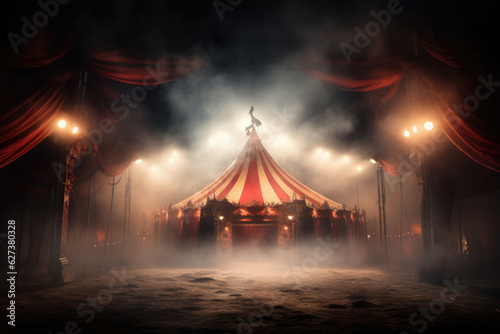 Tela Circus tent with illuminations lights at night