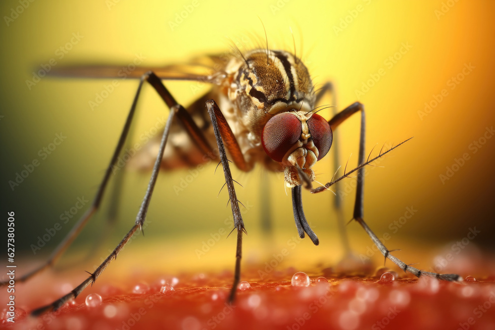Fototapeta premium Mosquito on human skin, macro shot. Malarial mosquito that bites person and drinks blood. Spread of malaria and Zika virus