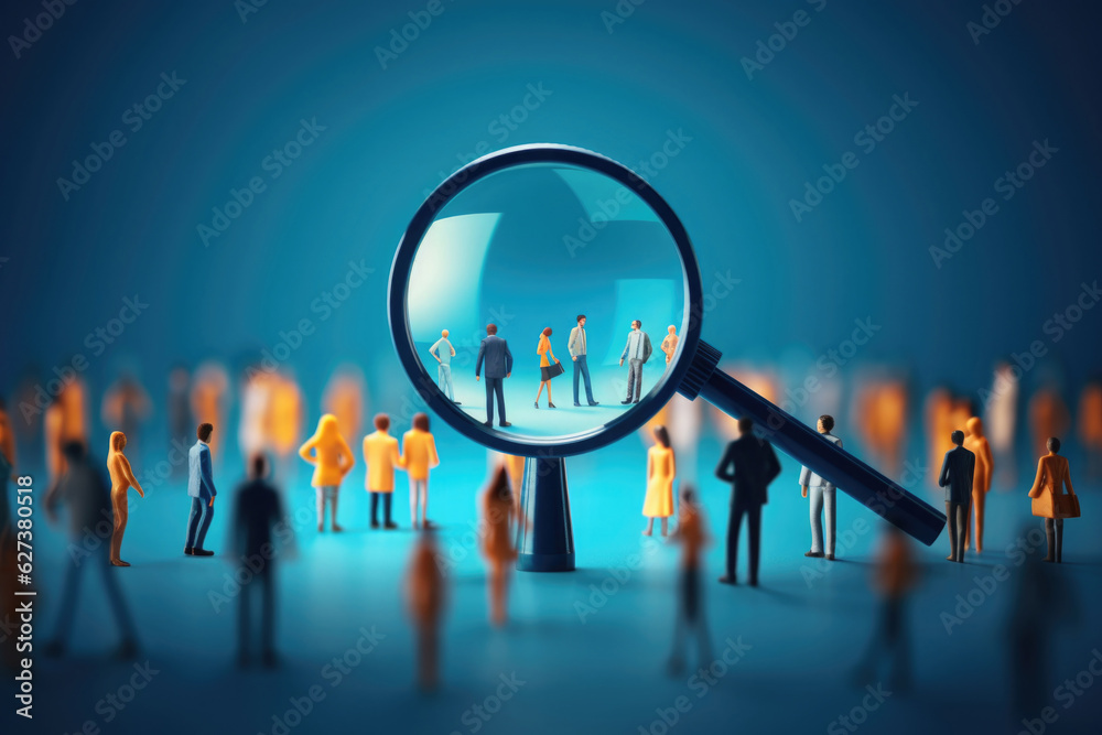 Magnifying glass looking for people on blue background. Searching candidates for employment in the labor market