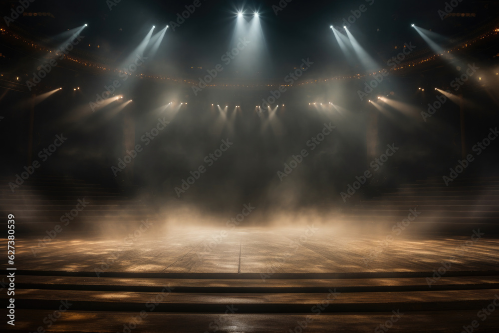 Empty concert stage with illuminated spotlights and smoke. Stage background with copy space