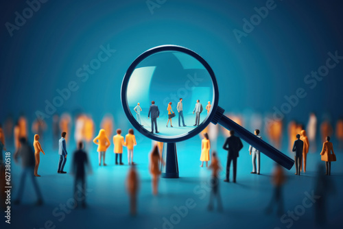 Magnifying glass looking for people on blue background. Searching candidates for employment in the labor market