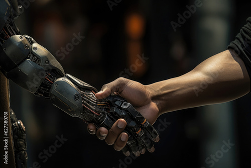 Robotic and human arms interact with each other. Handshake between human and artificial intelligence. Friendship and partnership of mankind and machines © Lazy_Bear