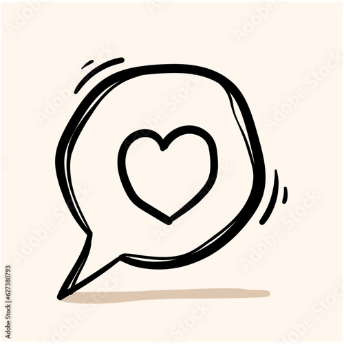 hand drawn bubble speech with red heart love inside symbol for Heart dialogue icon illustration doodle isolated