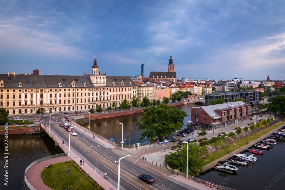 Aerial shot of Wroclaw at Odra river at sunrise in the summer.
