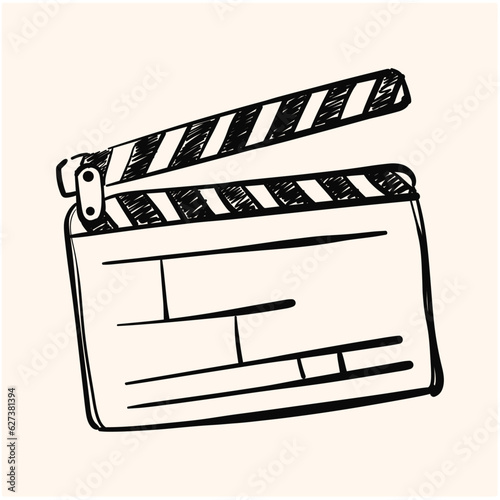 hand drawn Movie clapperboard icon. Film set clapper for cinema production. Board clap for video clip scene start. Lights, camera, action! Hand drawn sketch in vector doodle style