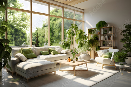 A modern and cosy living room full of nature green plants - Home design theme