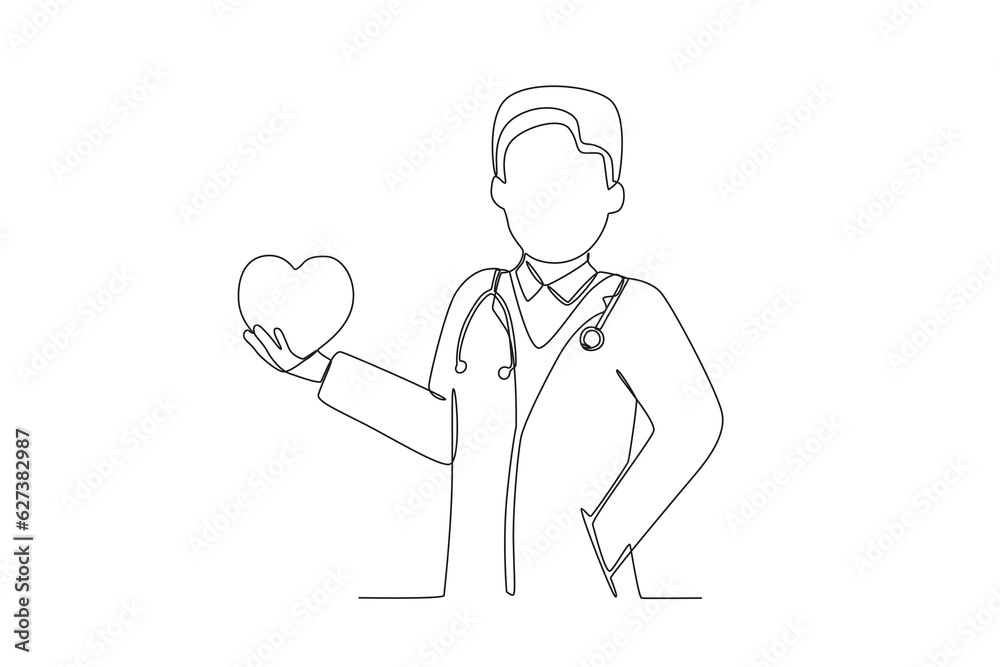 A doctor holds the heart. World heart day one-line drawing A doctor holds the heart. World heart day one-line drawing