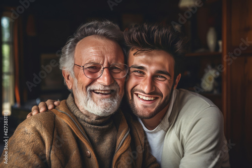 Adult hipster son fun hugging old senior father at home, two generations have a beard talking together and relaxing with smile, 2 man happy enjoy to living at home in father's day.generative ai photo