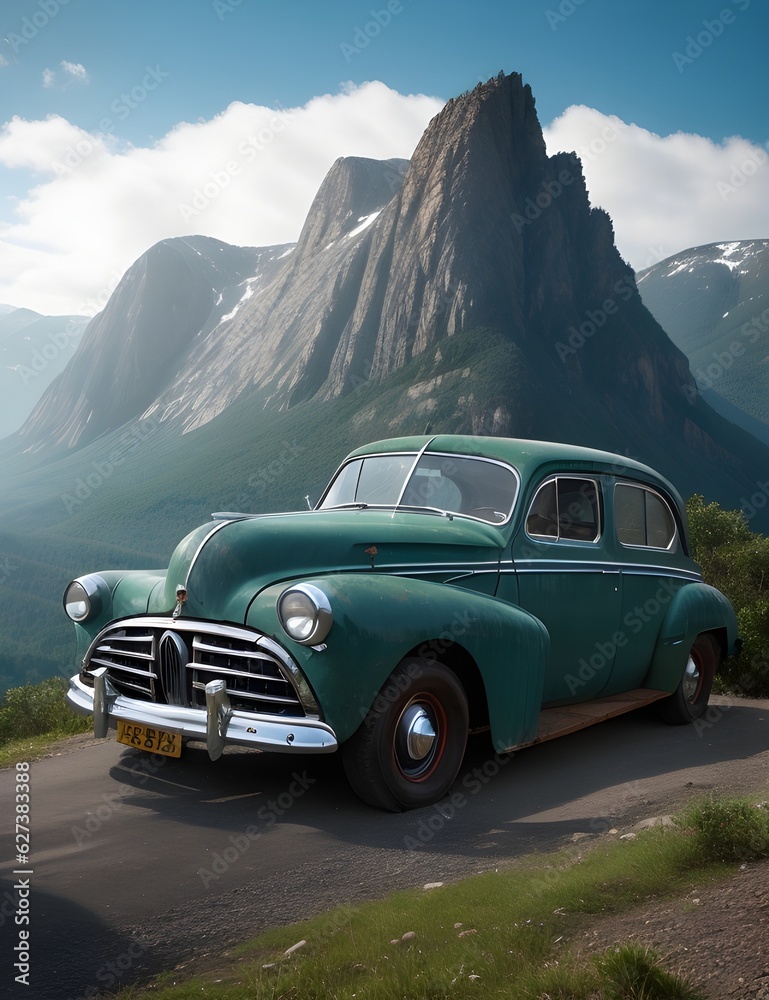 Old car on the end of the mountain road, AI Generative