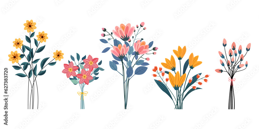 set of different beautiful bouquets wild flowers vector flat illustration. collection floral isolated on transparent background for gift and decoration set of different beautiful bouquets wild flowers vector flat illustration. collection floral isolated on transparent background for gift and decoration