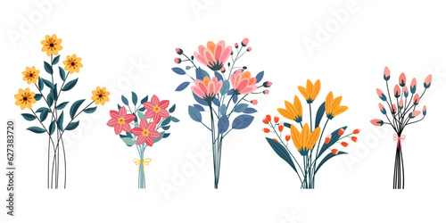 set of different beautiful bouquets wild flowers vector flat illustration. collection floral isolated on transparent background for gift and decoration