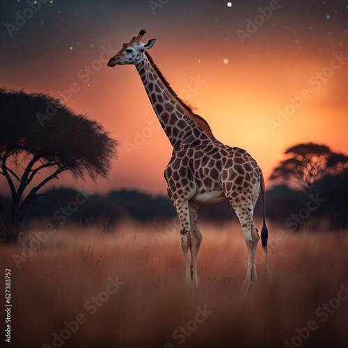 Foto girafa  Lua cheia  Paisagem noturna no deserto da   frica.