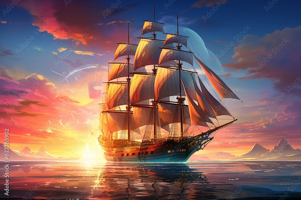 Futuristic Wind Powered Ship With Nostalgic Sunset in Retro Style, Ai Generative
