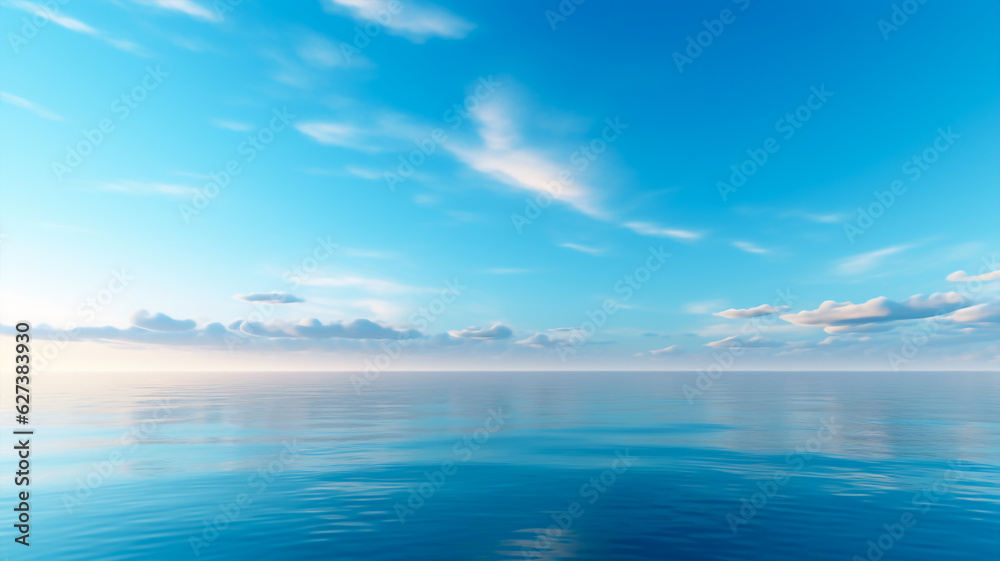 Sublime arrière-plan pour présentation. Océan calme avec quelques nuages dans le ciel et lumière qui reflète sur l'horizon.