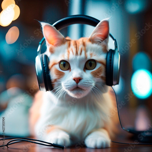 Foto de um gato ouvindo música em fones de ouvido.