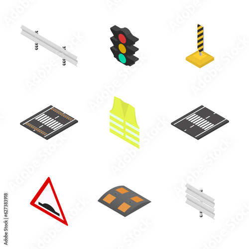 Under construction design elements, flat 3D isometric style.