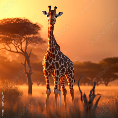 photo of a giraffe using, Africa, moon at dusk.
