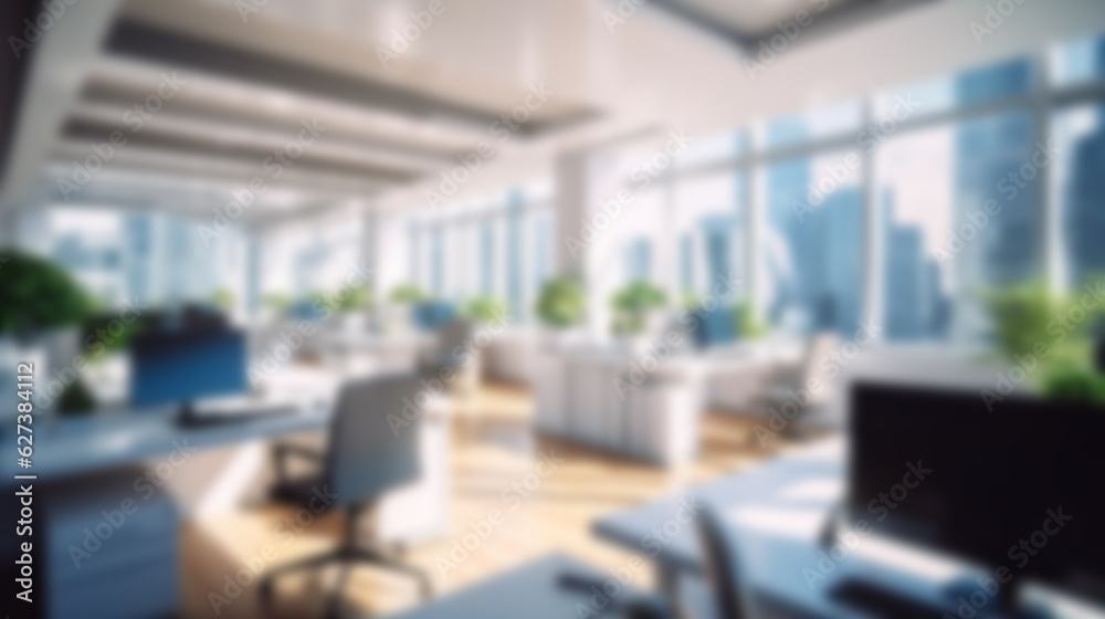 Blurred workplace with cityscape, office in morning or afternoon, interior for AI generated business presentation background