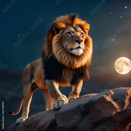 photo of a lion  zuba flying on a rock  Africa  natural landscape  moon at dusk