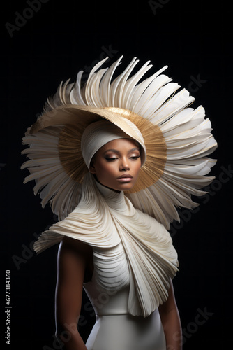 A woman in white wearing a feather bonnet. Modern and sleek fashion concept. Generative AI.