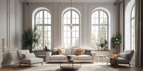 Interior of modern living room with accent coffee table, modern sofa and armchairs, room in white color and furniture, big windows, generated ai © Creative Team