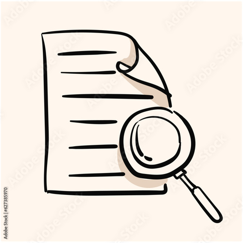 Scrutiny document plan icon in hand drawn style. Review statement vector illustration. Document with magnifier loup business concept. doodle
