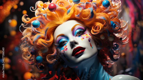 Beautiful Woman makeup as a mischievous colorful jester. Woman with beautiful exotic look for party