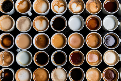 Top view of different mugs with assorted coffee varieties isolated on black background. Wallpaper with a variety of coffee drinks in mugs. 3d render illustration style. 
