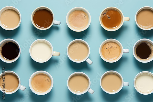 Top view of different mugs with assorted coffee varieties isolated on pastel blue background. Wallpaper with a variety of coffee drinks in mugs. 3d render illustration style. 
