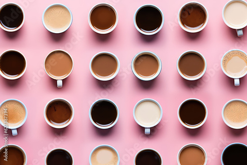 Top view of different mugs with assorted coffee varieties isolated on pastel pink background. Wallpaper with a variety of coffee drinks in mugs. 3d render illustration style. 