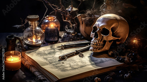 A skull sitting on a spell book in a Gothic environment | Halloween concept