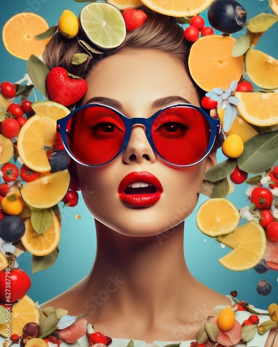 Portrait of a young, beautiful girl promoting healthy food, fruit diet plan. Chopped fruit salad, food creative concept. Illustration, Generative AI.