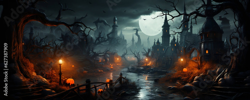 3D Cartoon Illustration of scary pumpkins in some creepy woods, Halloween Concept