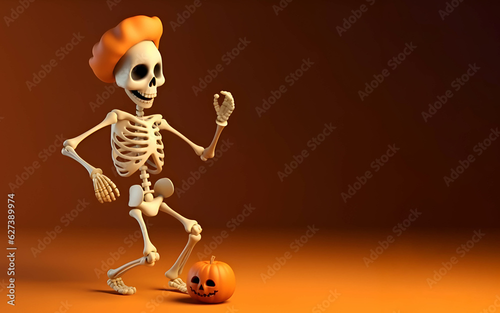 Skeleton dancing with a pumpkin, Halloween Skeleton dancing with a pumpkin, Halloween