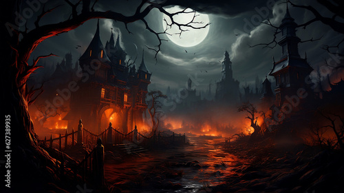 3D illustration of a Halloween concept background of a Creepy village with an Orange glow and moonlight