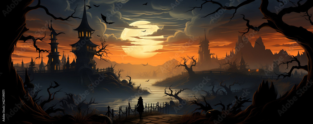3D illustration of a Halloween concept background of Creepy woods in a misty moonlight
