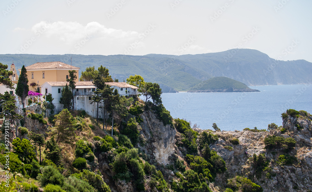 View of the sea from the castle.  Tourist attraction. Corfu Island Kerkyra, Palaiokastritsa, Greece, Europe.