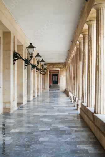 Corridor with columns. Detail view of palace of st. michael and st. george at Corfu  Greece.