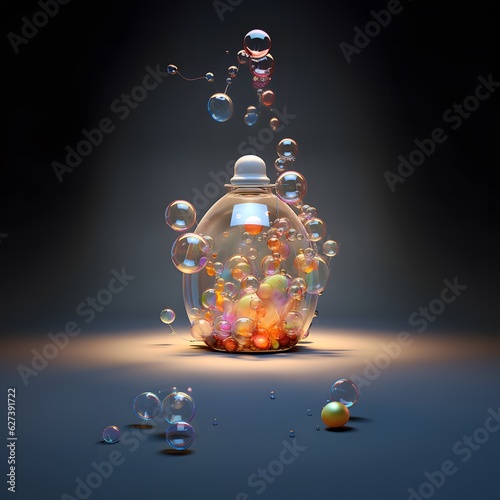 Festive Christmas  pastel decoration and foam balloons in glass bell on dark background. Futuristic  romantic concept. photo