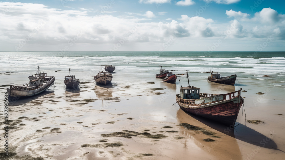The lost ships on the ocean shore are stranded - the consequences of the storm, the super ebb, the drying up of the seas, the change in sea level. Climate change and natural disasters. The lost ships on the ocean shore are stranded - the consequences of the storm, the super ebb, the drying up of the seas, the change in sea level. Climate change and natural disasters.