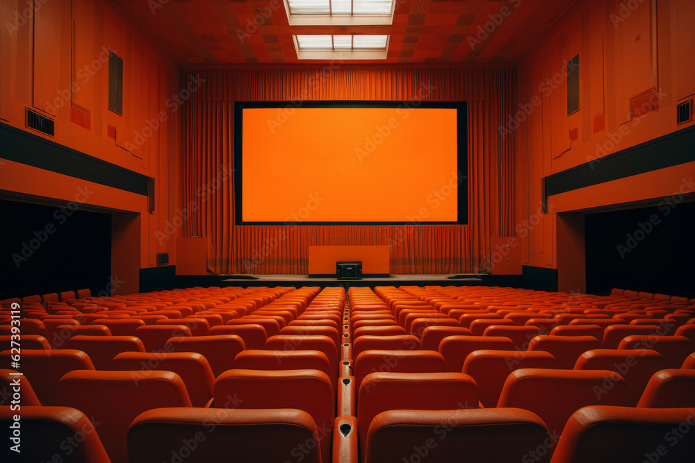 Fototapeta premium Imbued with an orange tint, this cinema theater creates a rich, atmospheric ambiance evocative of the grandeur of film.