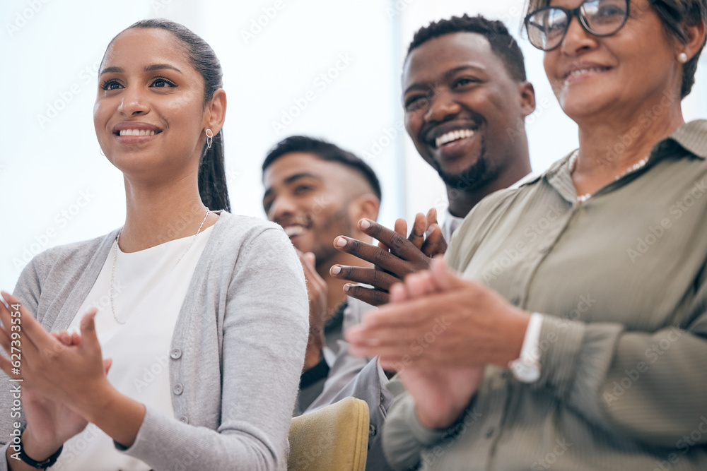 Diversity, businesspeople clapping their hands and happy in a conference room at their workplace. Success or achievement, workshop and happy colleagues with congratulations gesture in a boardroom