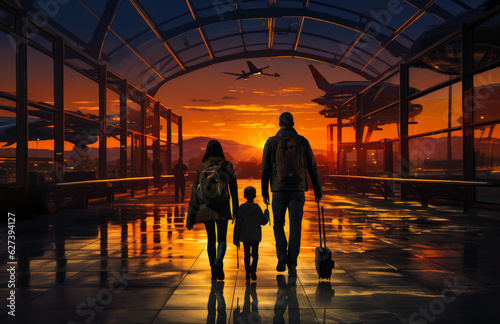 Travelling family on sunset airport. Tourists with child in arrival terminal. Generative AI.