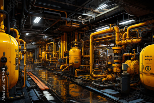 Industrial factory underground pipes. Engineering pump equipment. Generative AI.